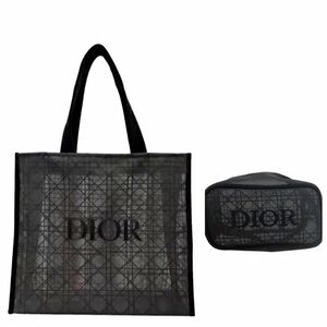 NEW Christian Dior Black Mesh Canage Tote Bag & Pouch Case Clutch Set